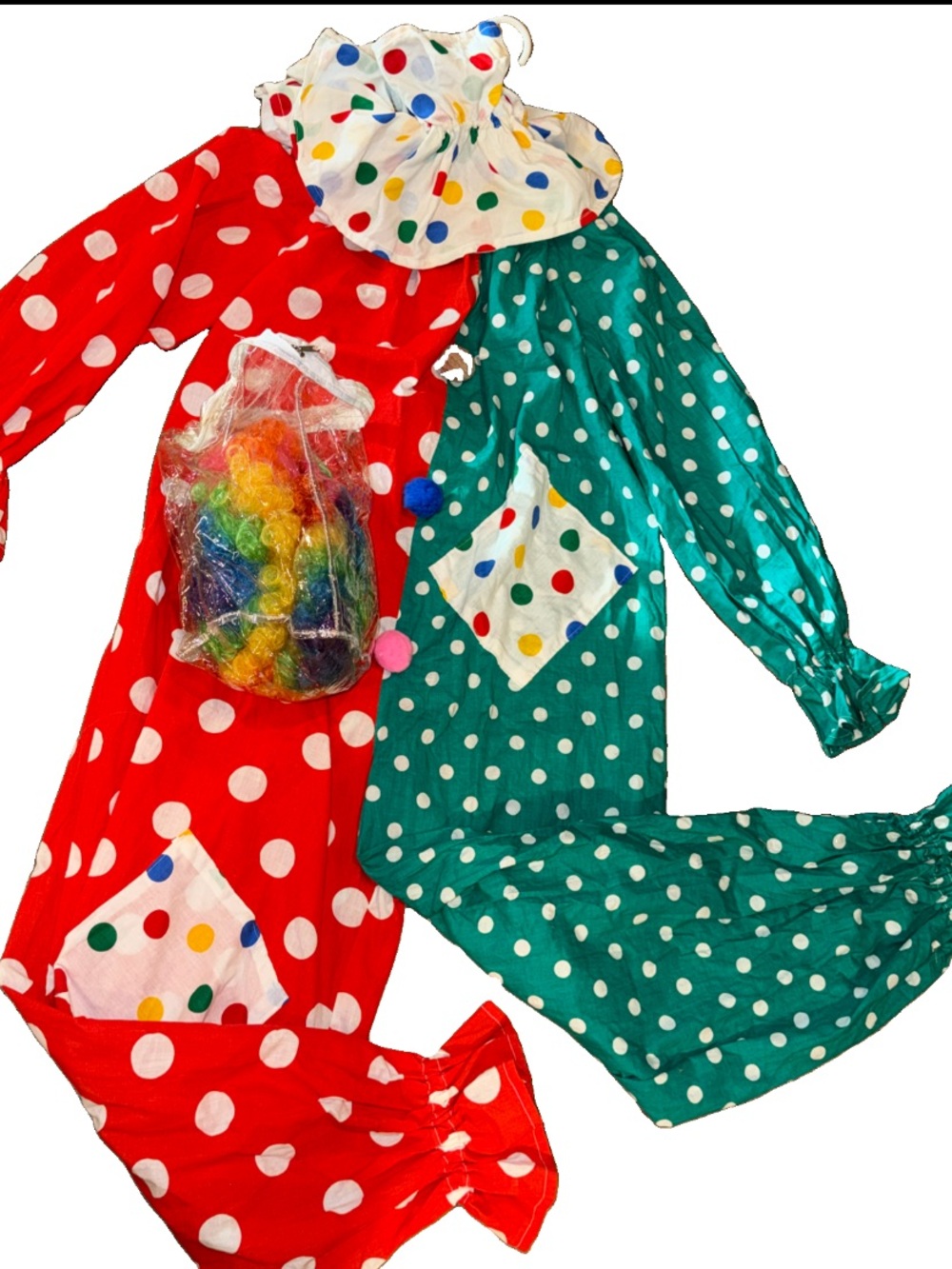 CLOWN Suit Ruffle Neck WIG FULL. Halloween Costume Patchwork Mixed Pattern ADULT